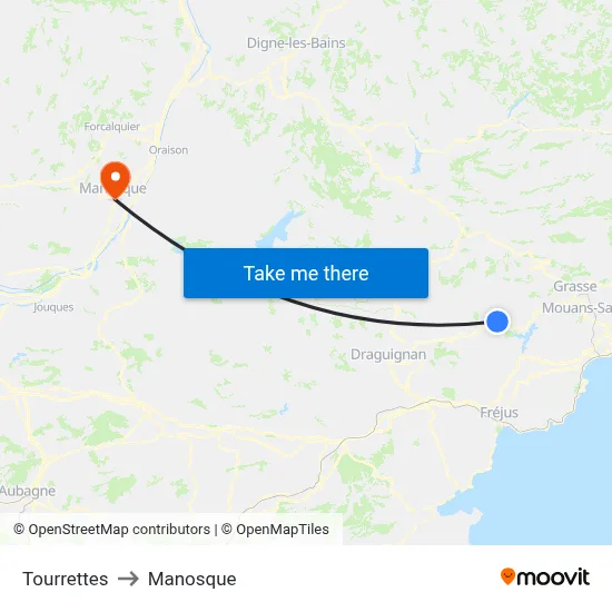 Tourrettes to Manosque map