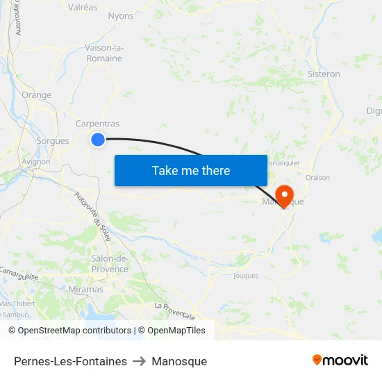 Pernes-Les-Fontaines to Manosque map