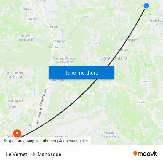 Le Vernet to Manosque map