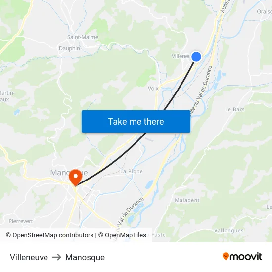 Villeneuve to Manosque map