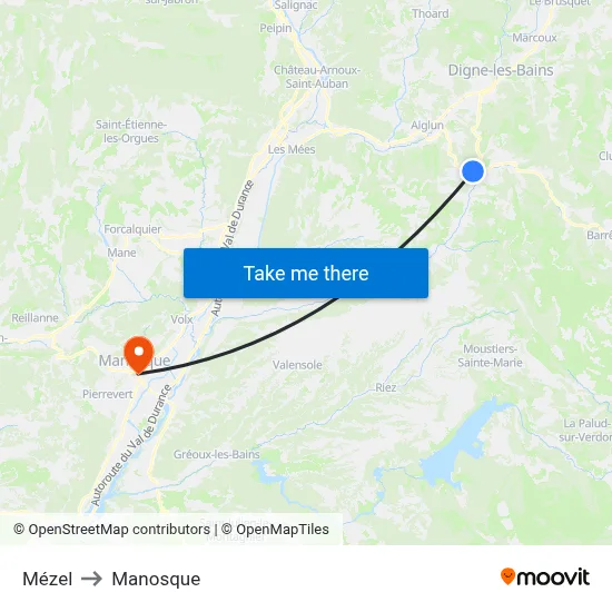 Mézel to Manosque map