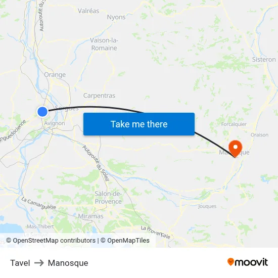 Tavel to Manosque map