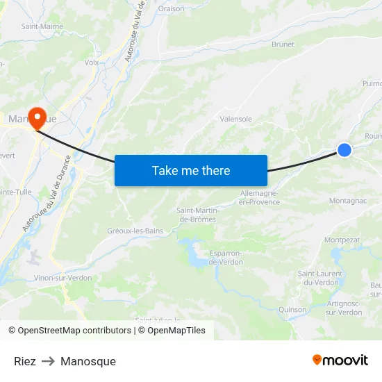 Riez to Manosque map