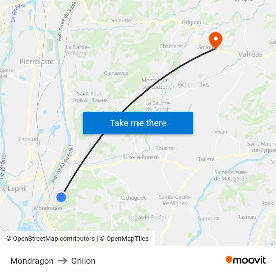 Mondragon to Grillon map