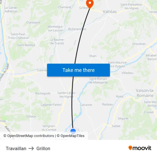 Travaillan to Grillon map