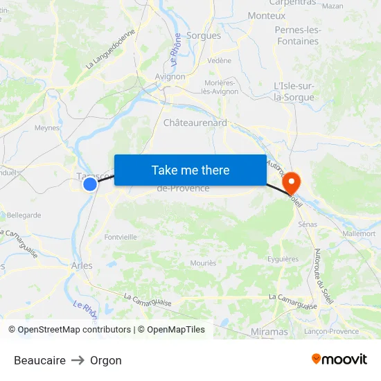 Beaucaire to Orgon map