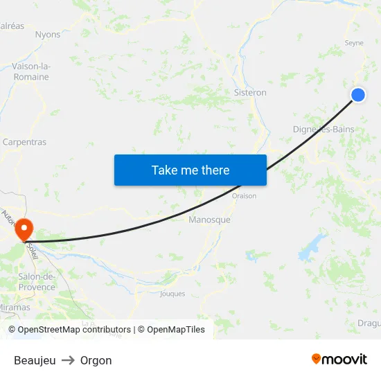 Beaujeu to Orgon map