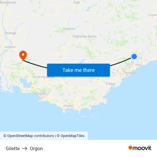 Gilette to Orgon map