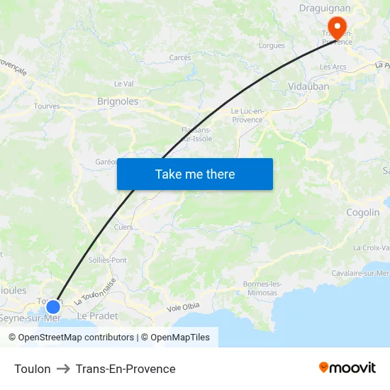 Toulon to Trans-En-Provence map
