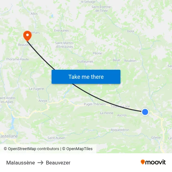 Malaussène to Beauvezer map