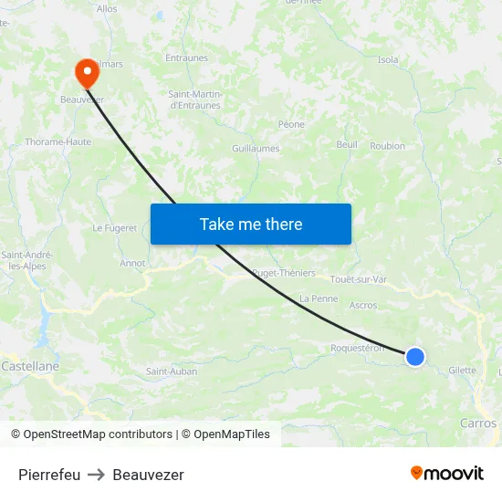 Pierrefeu to Beauvezer map