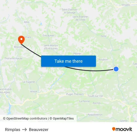 Rimplas to Beauvezer map