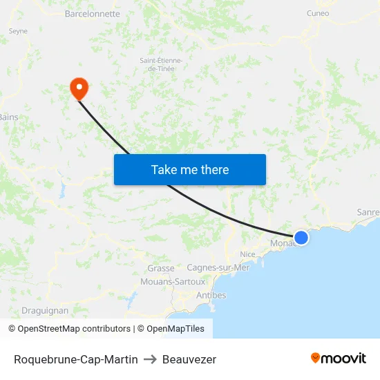 Roquebrune-Cap-Martin to Beauvezer map