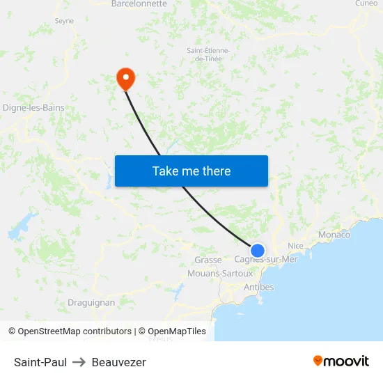 Saint-Paul to Beauvezer map
