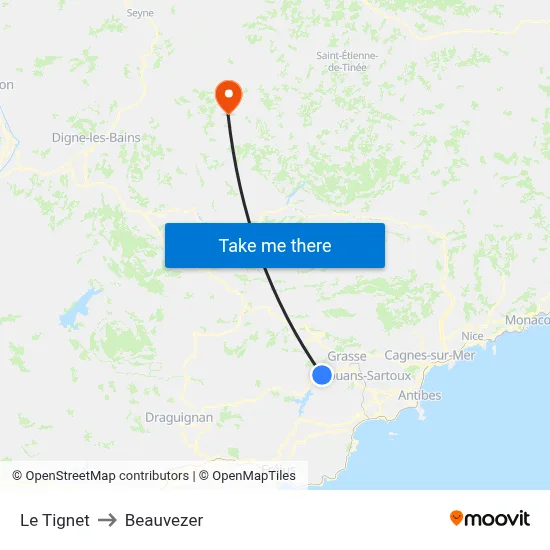Le Tignet to Beauvezer map
