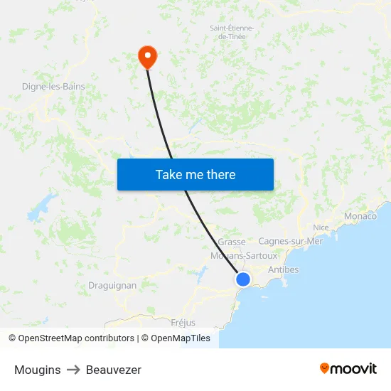 Mougins to Beauvezer map