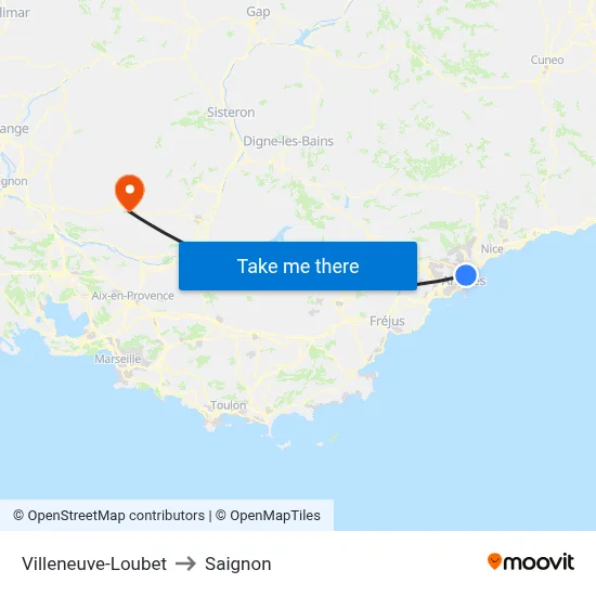 Villeneuve-Loubet to Saignon map