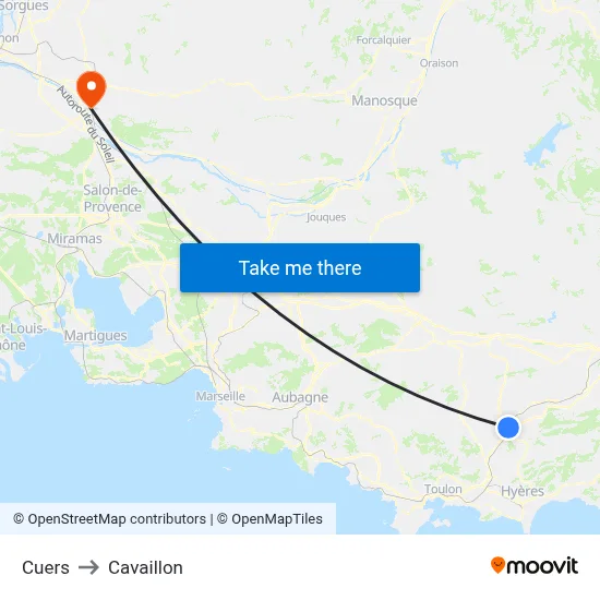 Cuers to Cavaillon map
