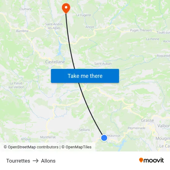 Tourrettes to Allons map