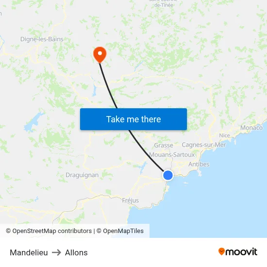 Mandelieu to Allons map