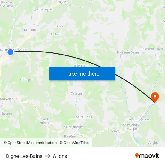 Digne-Les-Bains to Allons map