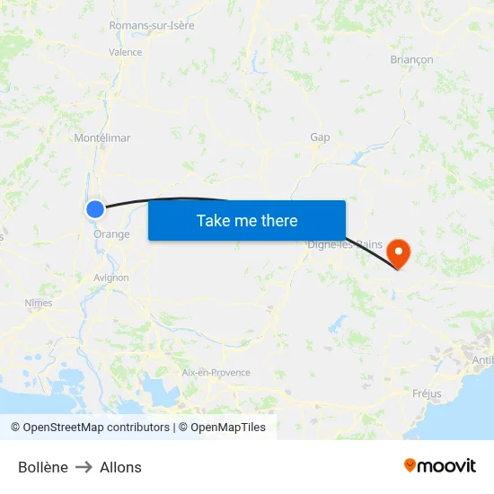 Bollène to Allons map