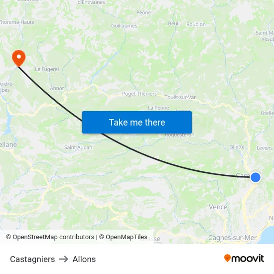 Castagniers to Allons map