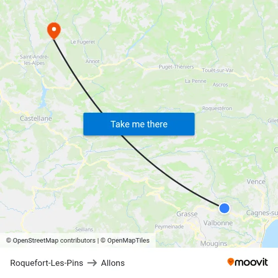 Roquefort-Les-Pins to Allons map