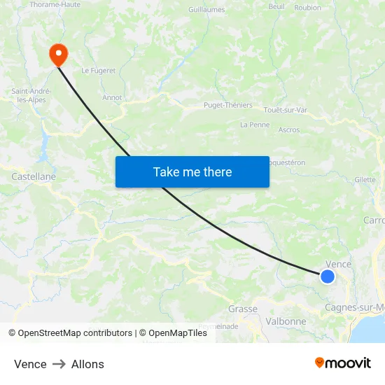 Vence to Allons map