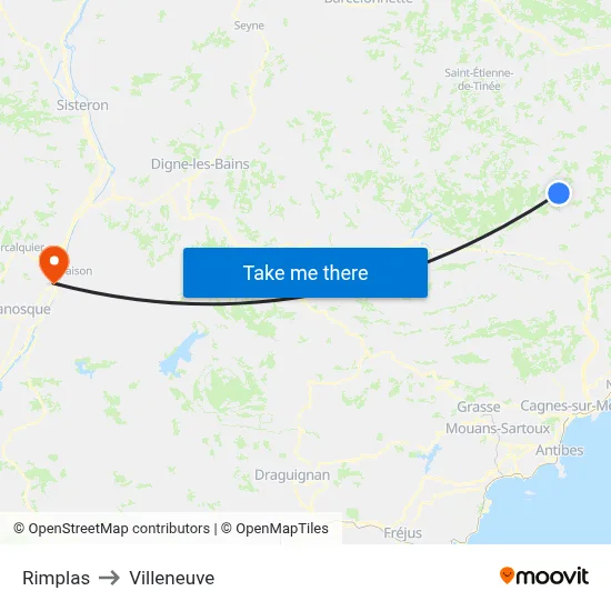Rimplas to Villeneuve map