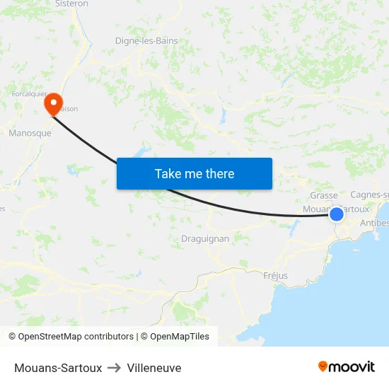 Mouans-Sartoux to Villeneuve map