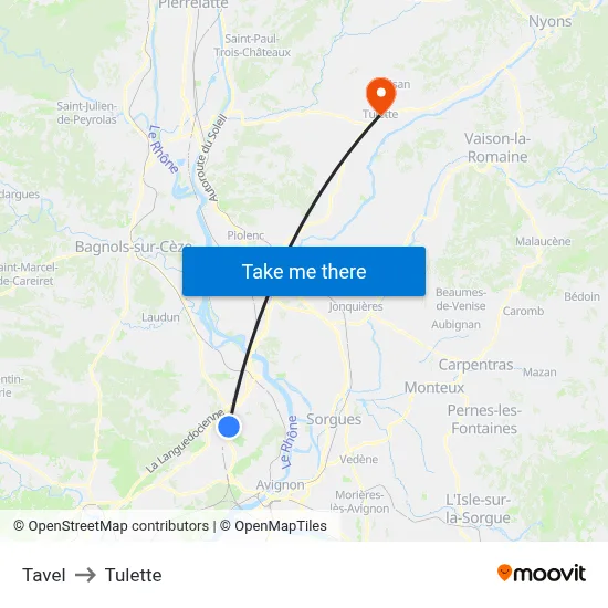 Tavel to Tulette map