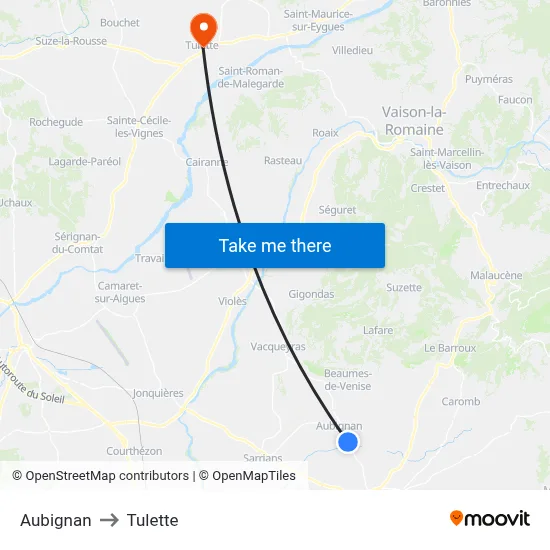 Aubignan to Tulette map