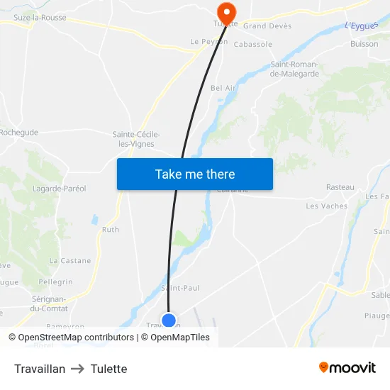Travaillan to Tulette map
