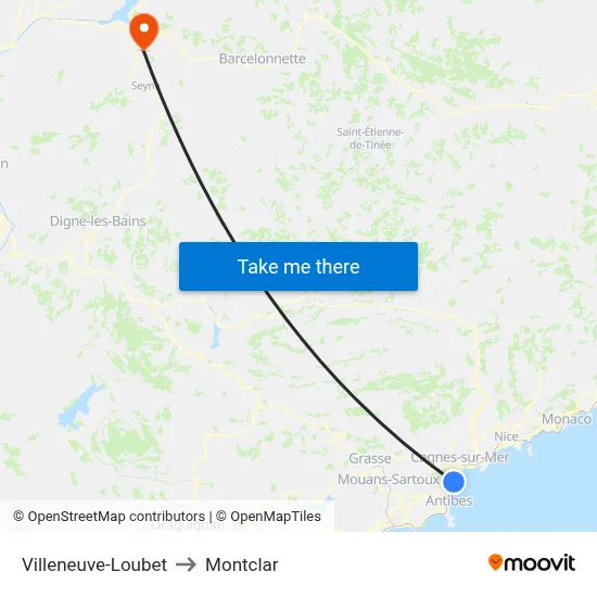 Villeneuve-Loubet to Montclar map