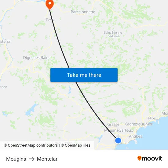 Mougins to Montclar map