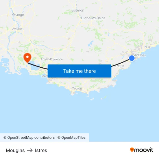 Mougins to Istres map
