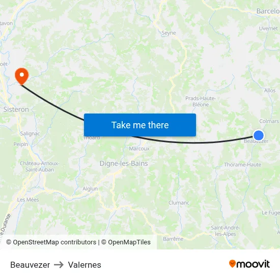 Beauvezer to Valernes map