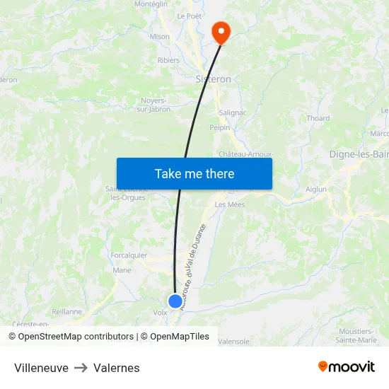 Villeneuve to Valernes map