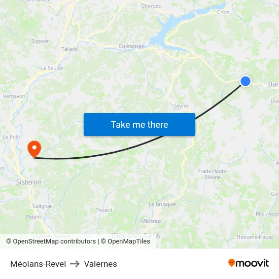 Méolans-Revel to Valernes map