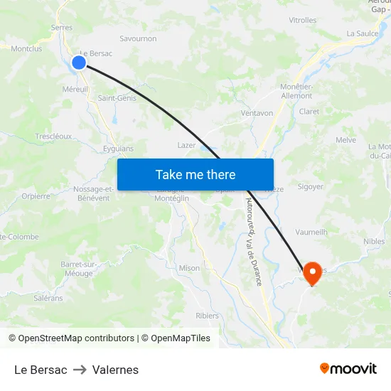 Le Bersac to Valernes map
