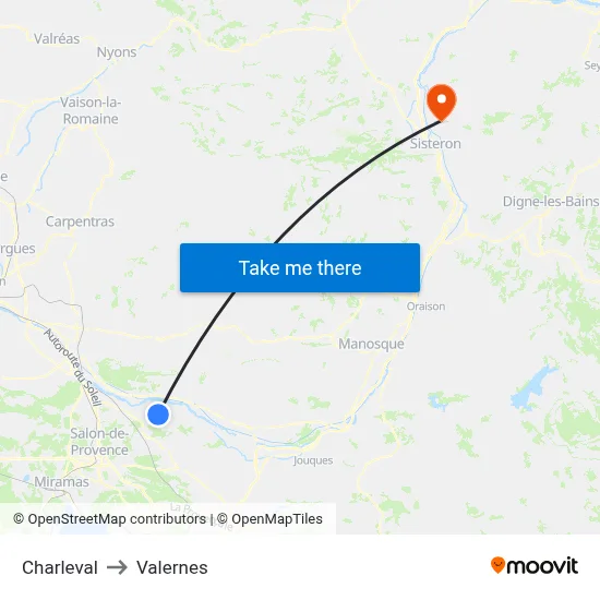 Charleval to Valernes map