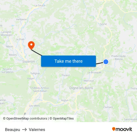 Beaujeu to Valernes map