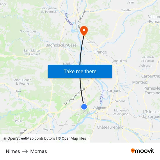 Nîmes to Mornas map