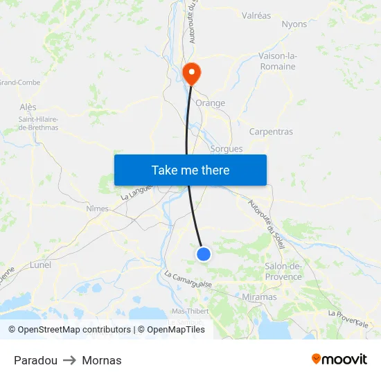 Paradou to Mornas map