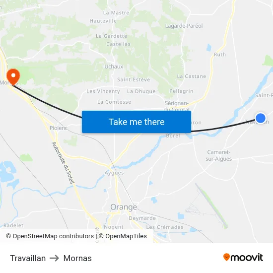 Travaillan to Mornas map