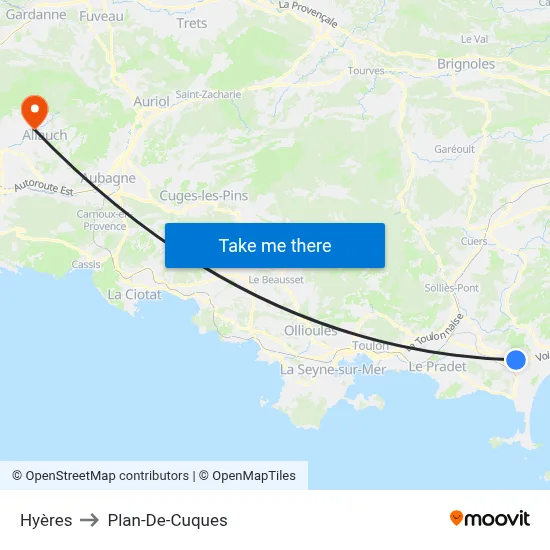 Hyères to Plan-De-Cuques map