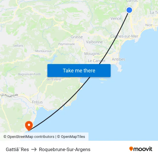 Gattiã¨Res to Roquebrune-Sur-Argens map