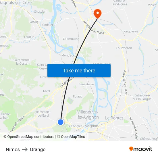 Nîmes to Orange map