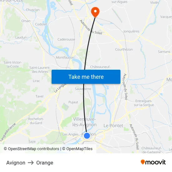 Avignon to Orange map
